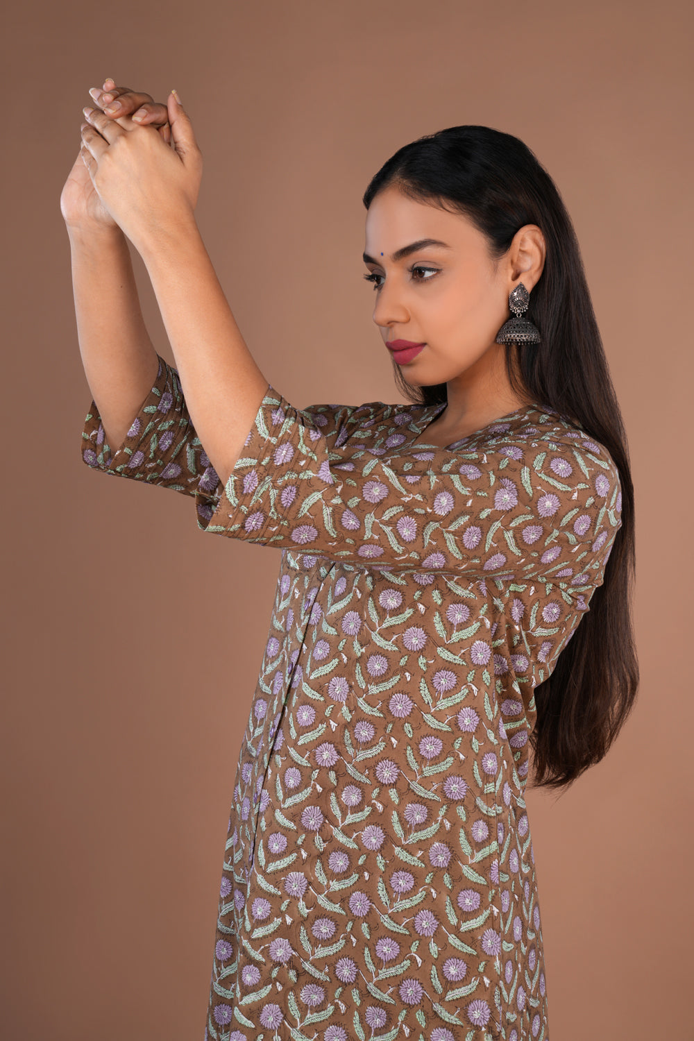 Image of Coffee Brown Sanganeri hand block printed cotton long Kurti